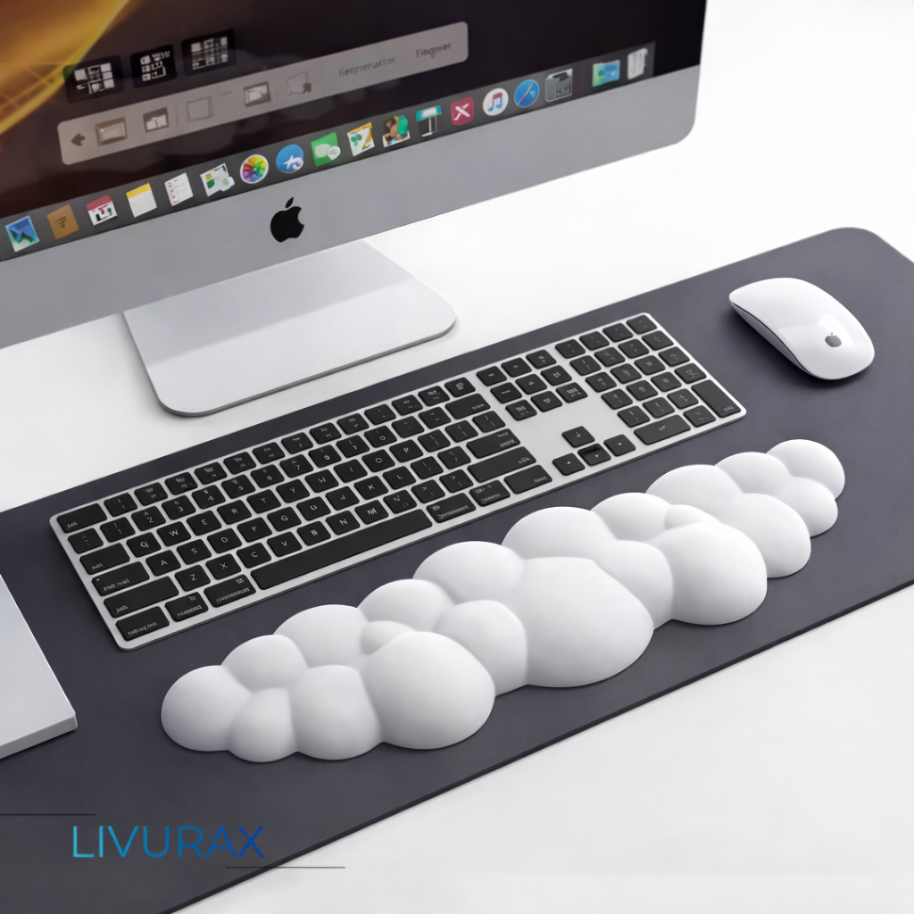 Tapis souris ergonomique repose-poignet blanc LIVURAX sur bureau avec clavier et souris