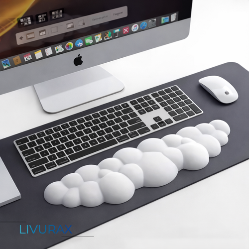 Tapis souris ergonomique repose-poignet blanc LIVURAX sur bureau avec clavier et souris